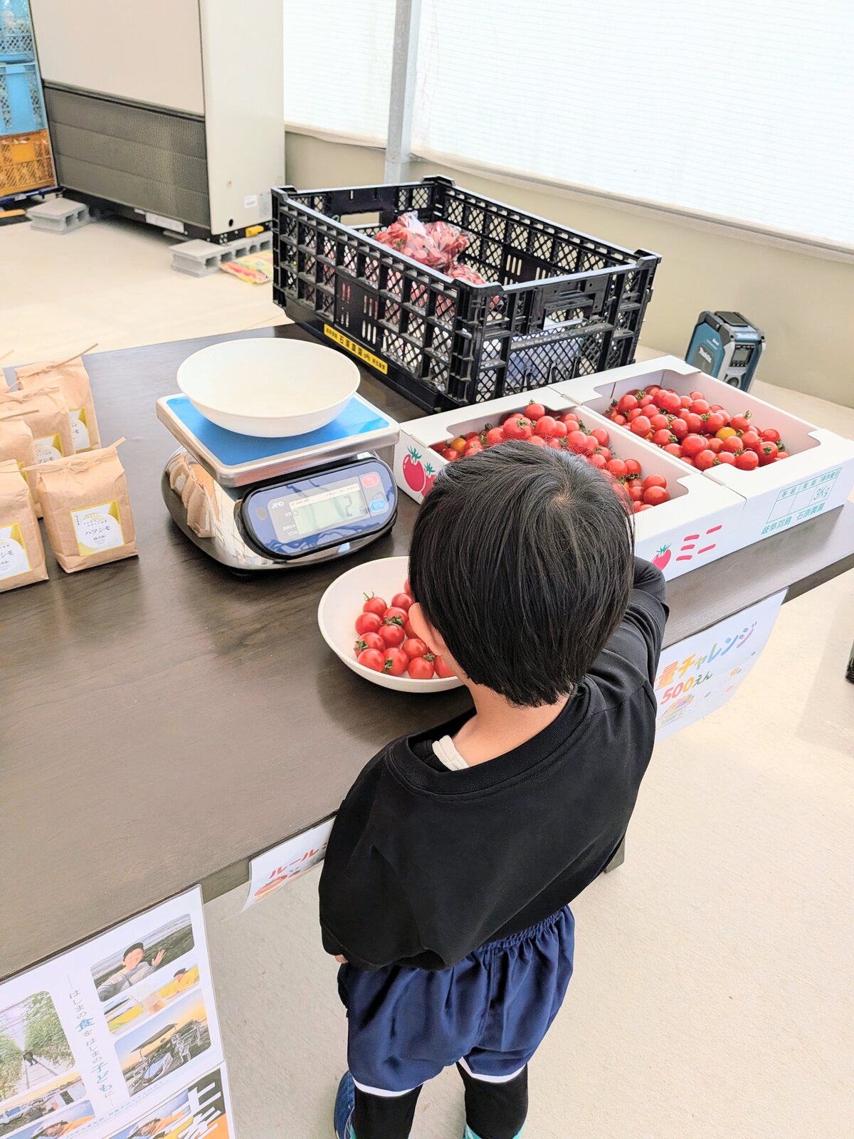 野菜計量チャレンジに挑戦する男の子